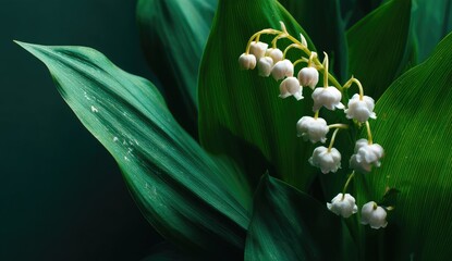 Close-up of lily of the valley blossoms amidst lush green foliage, dark background
