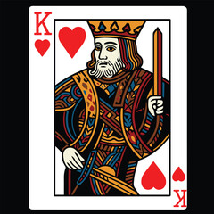 Vector illustration of a colorful playing card King of Hearts, symbolizing royalty, power, love, passion, strategy, elegance, tradition, and classic design.