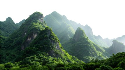 Majestic lush green mountains landscape with misty peaks and serene atmosphere in natural setting