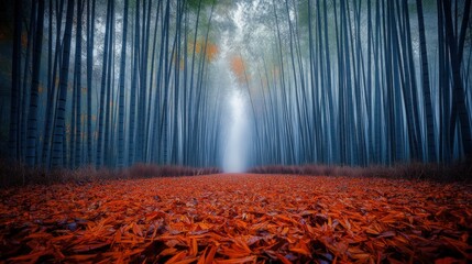 Serene bamboo forest path covered in vibrant autumn leaves leading into the misty distance