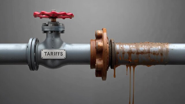 Close-up of a rusty industrial valve with drips of oil on a gray background, showcasing weathered textures