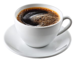 A full cup of rich, dark coffee in a white ceramic mug and saucer.  A frothy crema tops the dark liquid