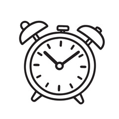 Vector illustration of an alarm clock in black and white with bold black outline, symbolizing time, discipline, punctuality, routine, urgency, and focus.