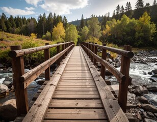Fototapeta premium A rustic wooden bridge crossing a rocky river