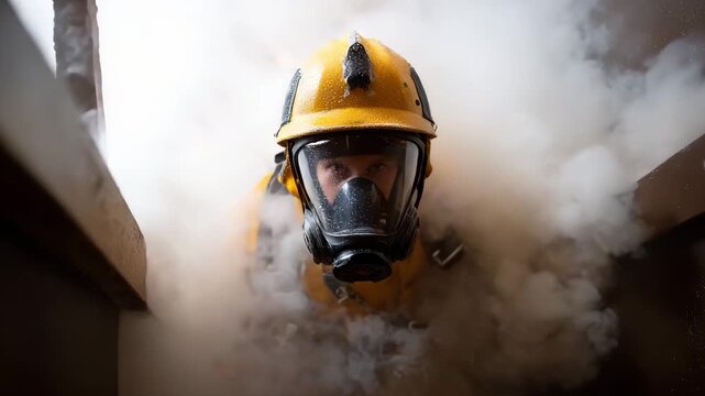 Courage Under Fire: A firefighter in full protective gear fearlessly navigates through thick smoke during an emergency response, embodying bravery and dedication to the mission.