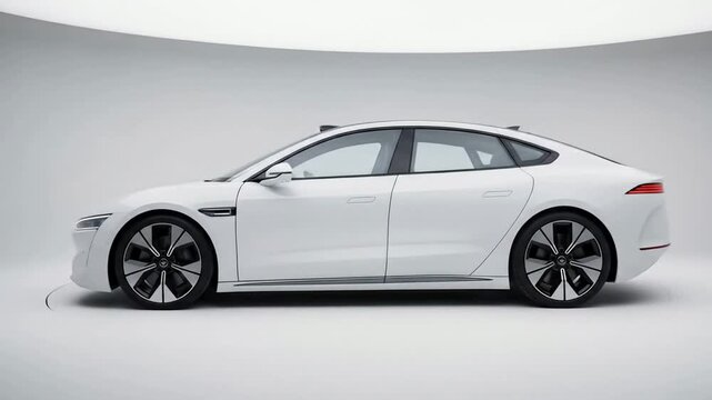 Showcasing Sleek White Electric Car on Turntable - Modern Design, Automotive Innovation
