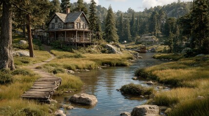 Obraz premium Rustic Wooden House by a Calm River in a Lush Green Forest