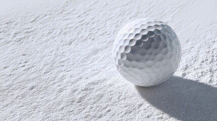 Crisp white golf ball rests on textured snowy ground, ready for a winter game, evoking focus and determination.