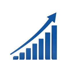 Blue arrow rising with bar chart showing financial growth, business success, and positive market trend. Isolated on white or transparent background. PNG format.