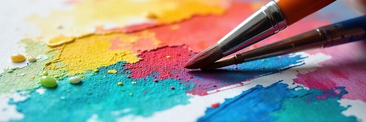 Fototapeta premium Colorful Paintbrush Strokes on Canvas Creative Hobby, Relaxed Leisure, Happy Free Time