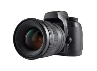 Close-up of a modern DSLR camera.  Large lens, black body