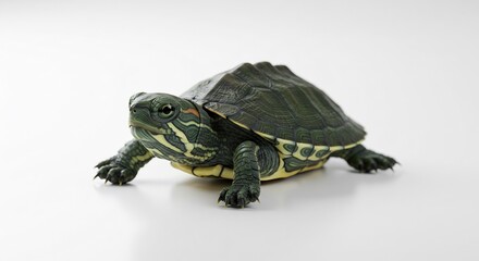 Obraz premium Cute baby turtle crawls slowly on white background soft light. AI Generated