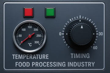 Temperature control dial and timer knob for food processing industry equipment with red and green indicator lights