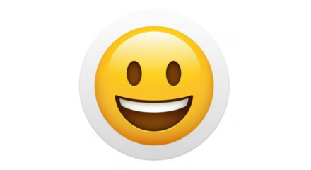 A bright yellow emoji with a wide open mouth and a cheerful smile isolated on transparent background