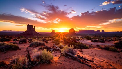 sunset over the desert with a tree stump in the foreground