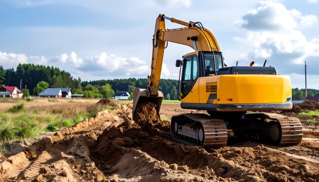 Excavator working on a construction site, digging a trench
