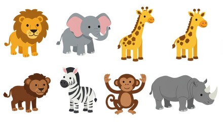 Fototapeta premium A cheerful collection of cartoon animals, including a lion, elephant, giraffe, zebra, monkey, and rhinoceros, set against a plain white background.