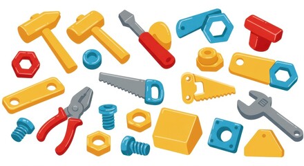 Colorful assortment of child's play tools, including hammers, screwdrivers, wrenches, saws, pliers, nuts, bolts, and geometric shapes, presented on a plain white background.