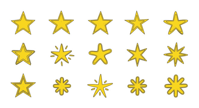 Hand-drawn yellow doodle stars collection with varying shapes, five points, and radiating lines.
