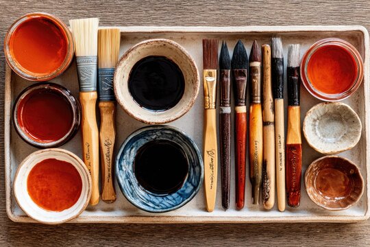 Artist's tray with paint pots and brushes - Powered by Adobe