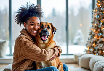 Happy African American woman hugging her beloved big dog near a decorated Christmas tree in a spacious cozy room. Festive holiday moment of love, friendship, and joy with a pet at Christmas.