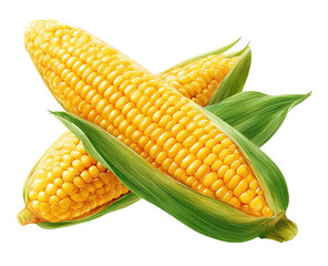 Two crossed ears of bright yellow corn with vibrant green husks