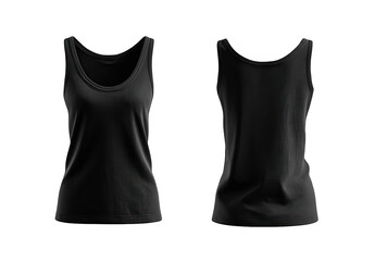 Front and back view of a black women's sleeveless top.  A plain, simple tank top,  showing a crew neckline and a relaxed fit.  Dark color, likely for printing.