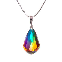 Elegant rainbow crystal pendant necklace on a delicate silver chain displayed on black