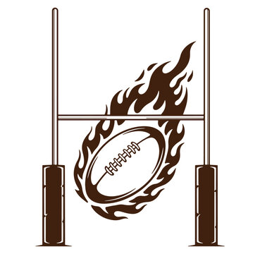 Rugby ball on fire vector illustration with goal posts concept for sport and championship