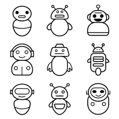 Collection of cute robot icons, featuring friendly androids and futuristic machines for various applications