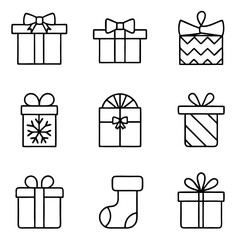 Collection of nine christmas gift boxes and stocking with bows for holiday celebration and festive season