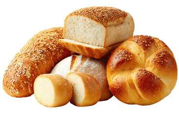 Variety of baked goods.  Assortment of loaves and rolls, including sliced bread,  a long loaf, and a twisted bun.  The breads are light, golden brown, and show a variety of textures