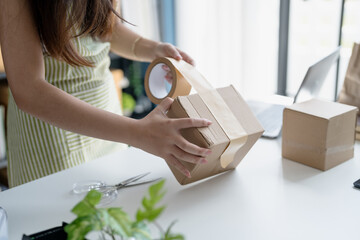 Woman Entrepreneur Packing Cardboard Box for Online Order Shipping from Home Office