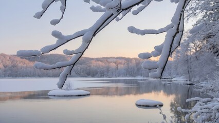 Snow-covered branches frame a partially frozen lake with floating ice islands and pastel sunrise sky in a tranquil winter forest landscape