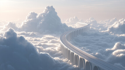 minimalist bridge extending infinitely across soft white clouds