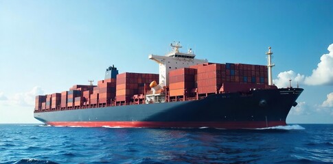 Fototapeta premium Massive cargo ship at sea, containers stacked high, blue ocean, sunny day, impressive scale of global trade and maritime transport , shipping, sea, international trade