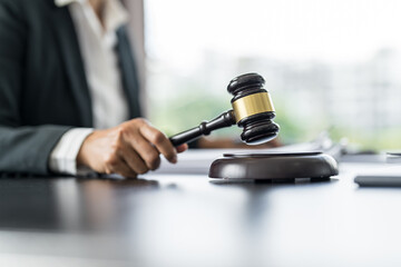 Lawyer businessman working with lawbook in office or courtroom Legal counsel with gavel and legal...