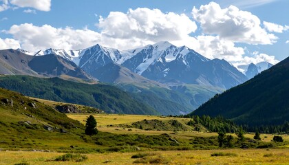 A vast, grassy valley stretches beneath snow-capped mountains, bathed in sunlight and bathed in a peaceful atmosphere.
