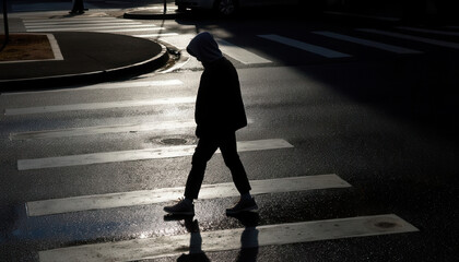 Young person walking alone across crosswalk on rainy street  