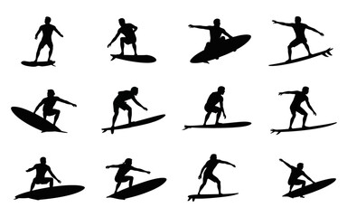 Vector art of silhouettes of surfers riding waves on surfboards