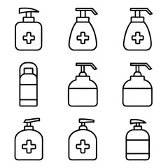 Collection of hand sanitizer bottles with pump for hygiene and health care concept
