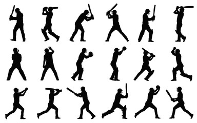 Vector art of silhouettes of cricket players in action