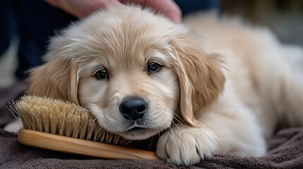 Adorable golden retriever puppy resting its head on  grooming brush with  hand gently petting its head