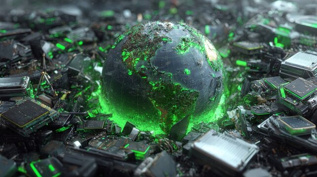 E-Waste Recycling Initiatives for a Sustainable Future, A globe surrounded by electronic waste, highlighting environmental concerns in a digital age.