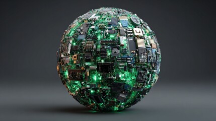 E-Waste Recycling Initiatives for a Sustainable Future, A futuristic sphere composed of circuit patterns and glowing elements, symbolizing technology and innovation.