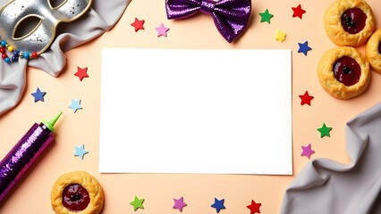 Composition with blank card, carnival mask, Hamantaschen cookies and decor for Purim holiday on color background