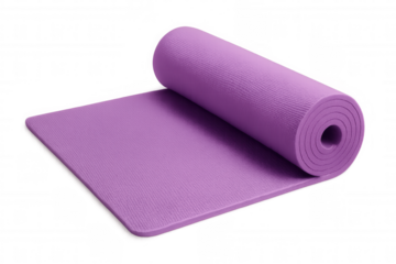 Purple yoga mat partially rolled, lying on transparent surface, preparing for fitness session