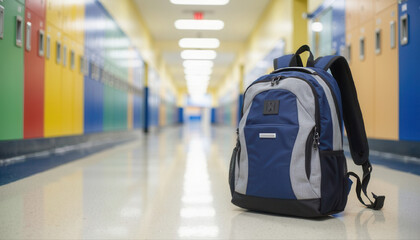 Backpack resting on school hallway floor with colorful lockers