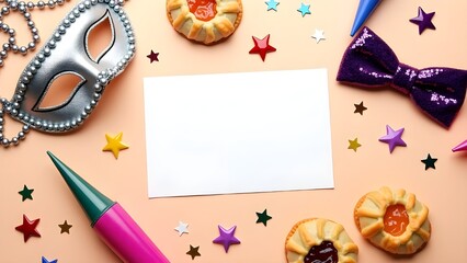 Composition with blank card, carnival mask, Hamantaschen cookies and decor for Purim holiday on color background