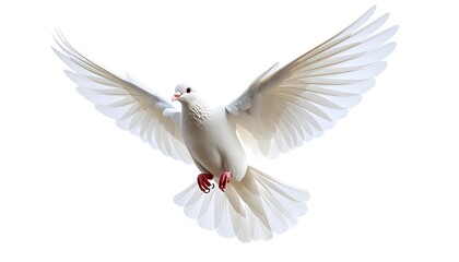 Fototapeta premium A pristine white dove soars gracefully through the air, showcasing its delicate wings in flight against a stark white backdrop.